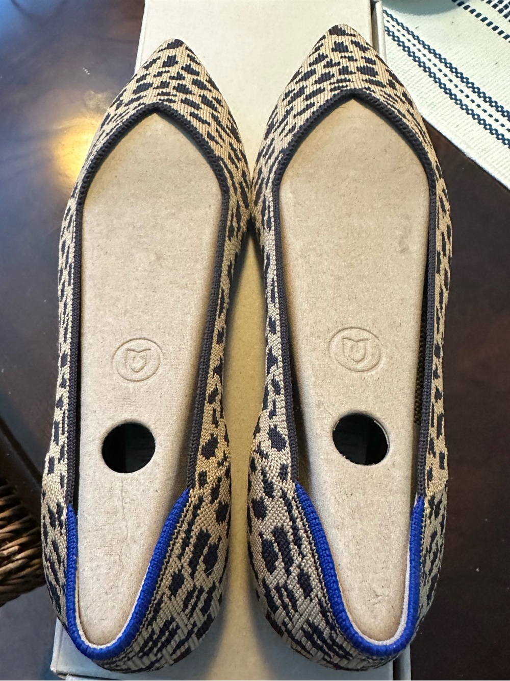 Rothy’s Leopard Pointed-Toe Flats in Beige, Black, with Blue Trim Size 9.5